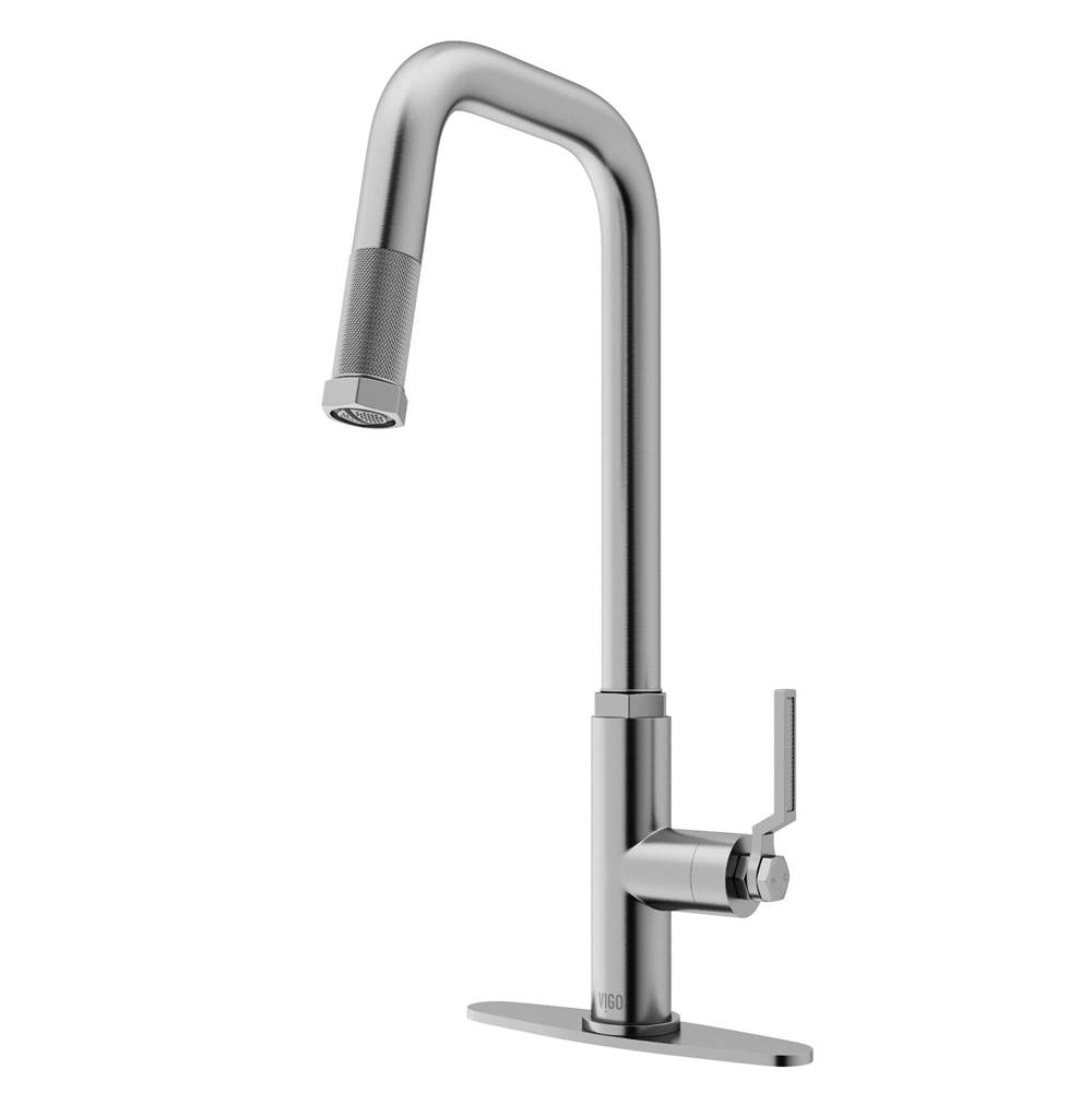 Vigo Hart Angular Single Handle Pull-Down Spout Kitchen Faucet Set with Deck Plate in Stainless Steel