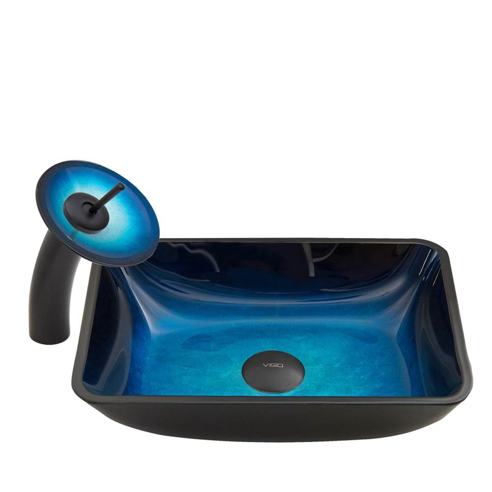 Vigo Rectangular Turquoise Water Glass Vessel Bathroom Sink And Waterfall Faucet Set