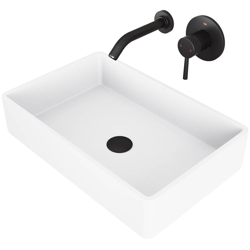 Vigo Magnolia Matte Stone Vessel Bathroom Sink Set With Olus Wall Mount Faucet In Matte Black