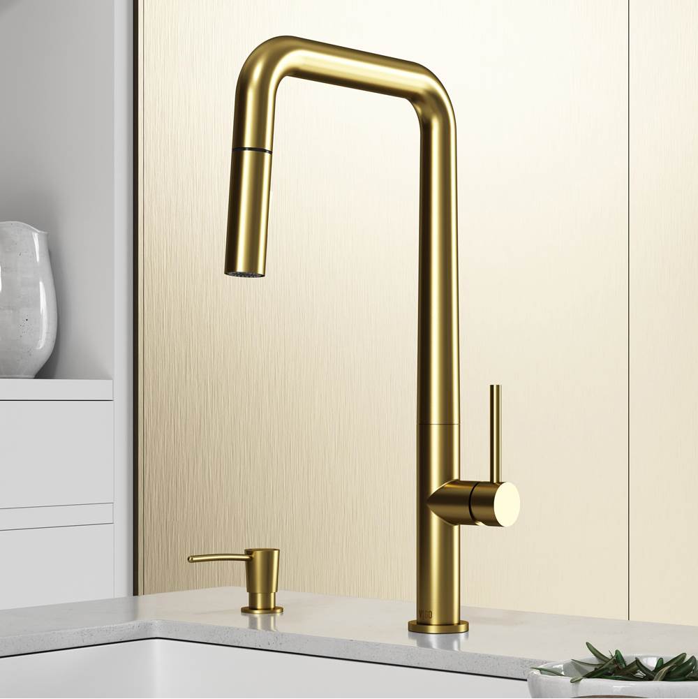 Vigo Parsons Pull-Down Kitchen Faucet with Soap Dispenser in Matte Brushed Gold