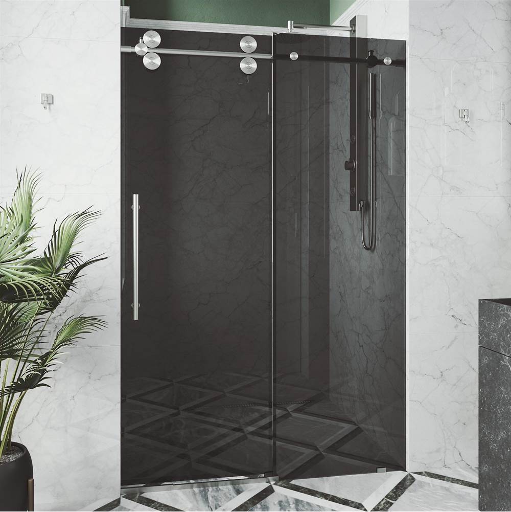 Vigo Elan 68 to 72 in. x 74 in. Frameless Sliding Shower Door in Stainless Steel with Black Glass and Handle