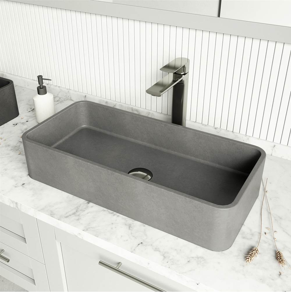 Vigo ConcretoStone Rectangular Vessel Bathroom Sink with Norfolk Bathroom Faucet and Pop-Up Drain in Brushed Nickel