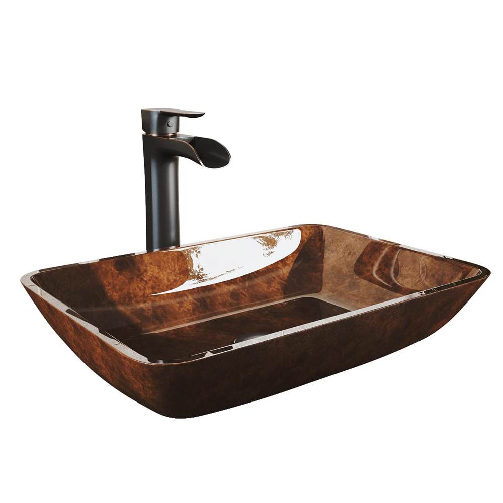 Vigo 18'' Rectangular Russet Glass Vessel Bathroom Sink Set With Niko Vessel Faucet In Antique Rubbed Bronze And Pop-Up Drain