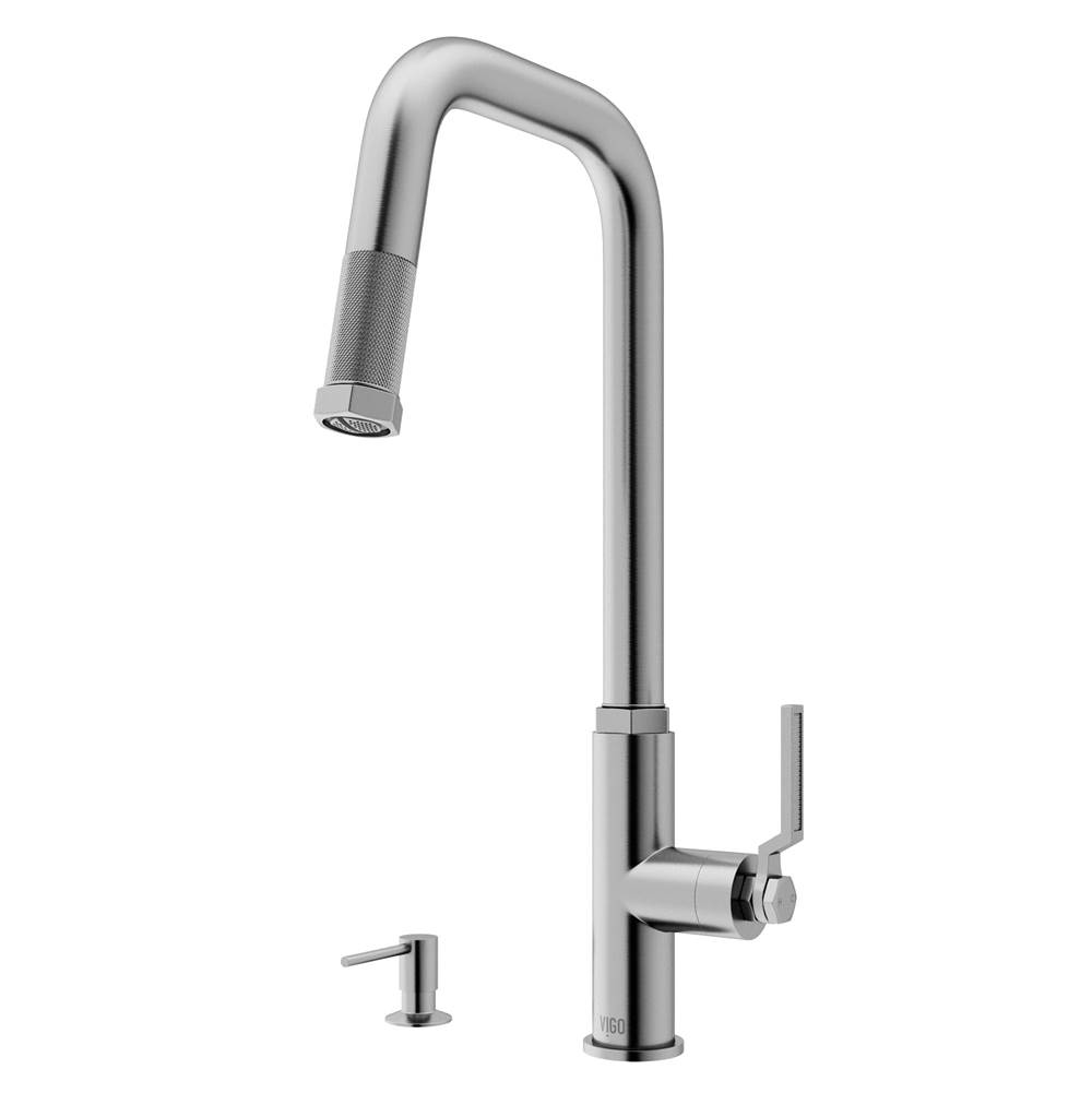 Vigo Hart Angular Single Handle Pull-Down Spout Kitchen Faucet Set with Soap Dispenser in Stainless Steel