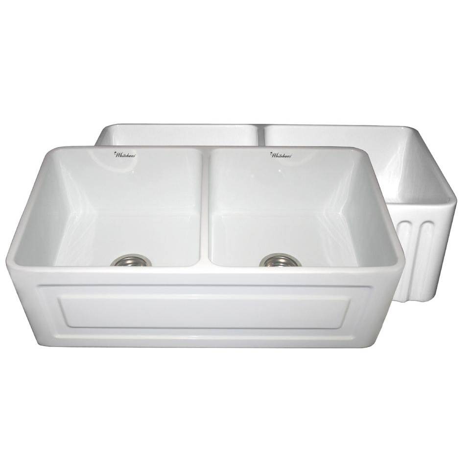 Whitehaus Collection Farmhaus Fireclay Reversible Double Bowl Sink with a Raised Panel Front Apron on One Side and Fluted Front Apron on the Opposite Side