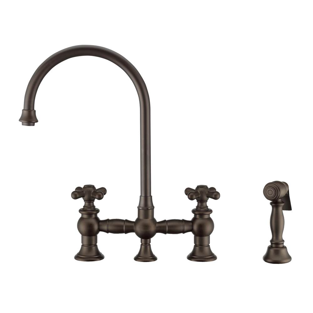 Whitehaus Collection Vintage III Plus Bridge Faucet with Long Gooseneck Swivel Spout, Cross Handles and Solid Brass Side Spray