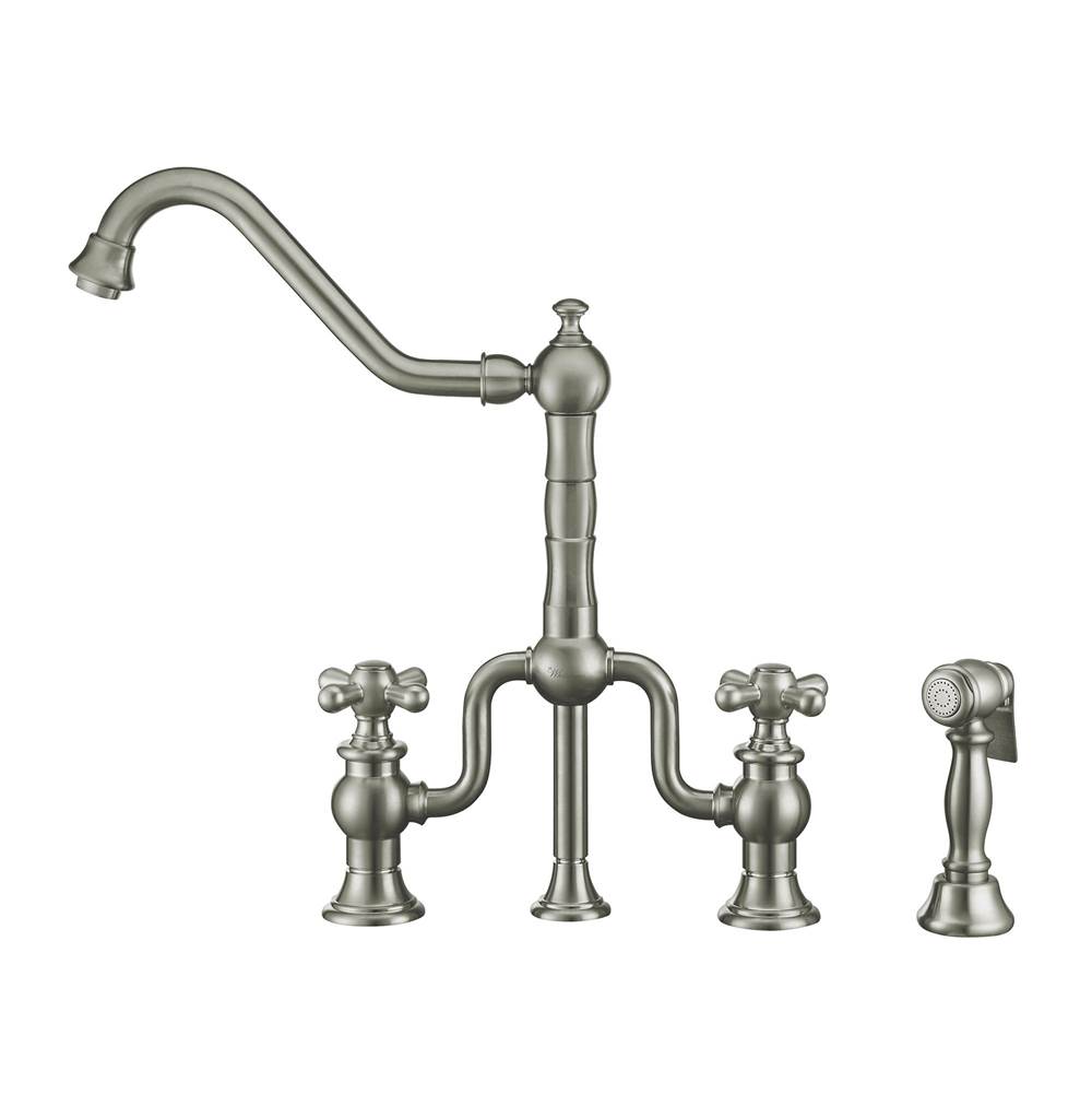 Whitehaus Collection Twisthaus Plus Bridge Faucet with Long Traditional Swivel Spout, Cross Handles and Solid Brass Side Spray