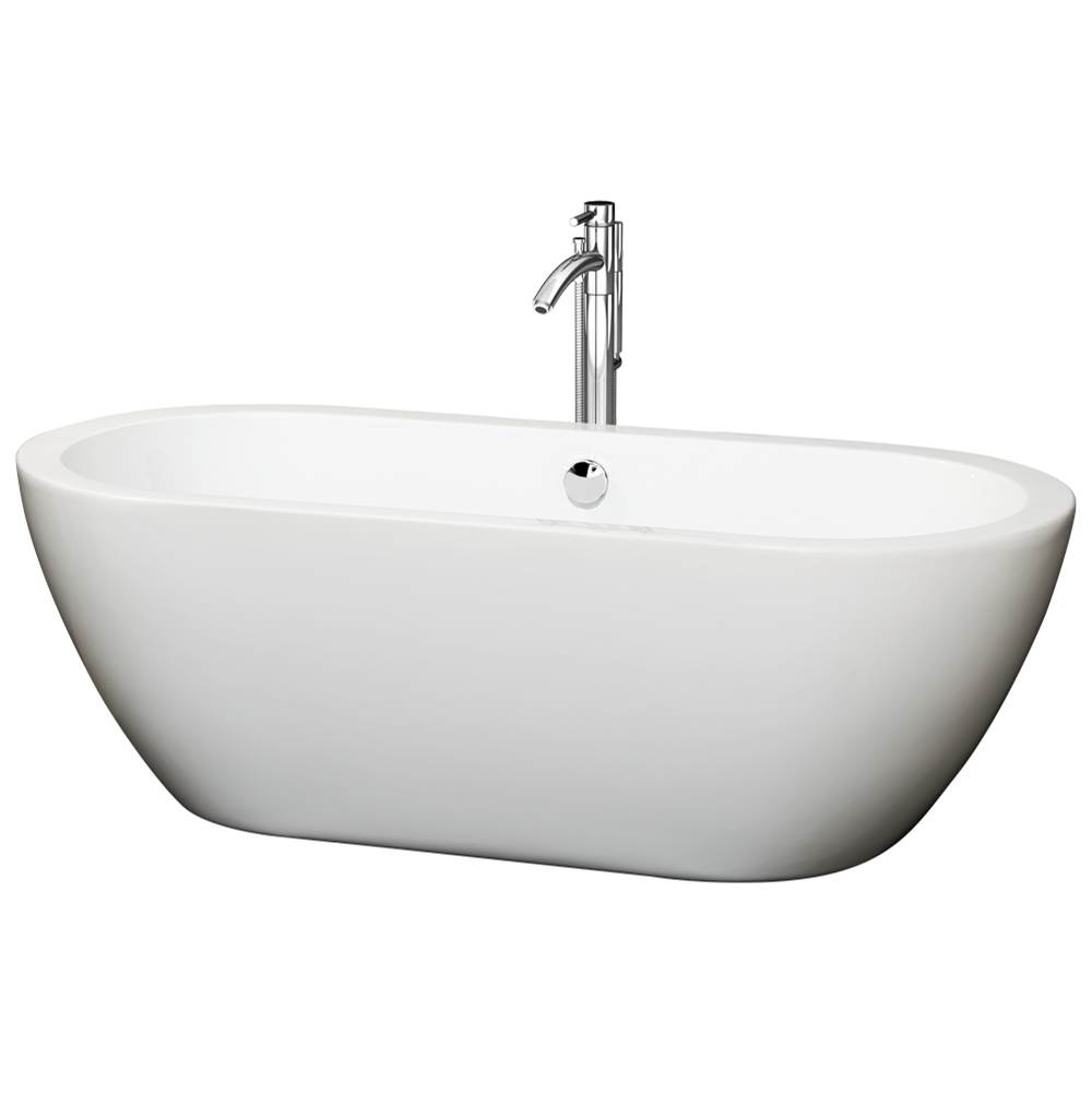 Wyndham Collection Soho 68 Inch Freestanding Bathtub in White with Floor Mounted Faucet, Drain and Overflow Trim in Polished Chrome