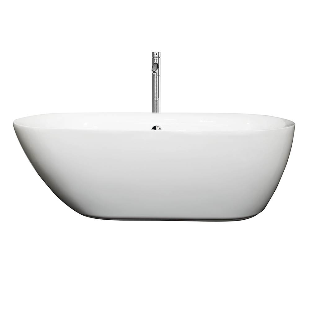 Wyndham Collection Melissa 65 Inch Freestanding Bathtub in White with Floor Mounted Faucet, Drain and Overflow Trim in Polished Chrome