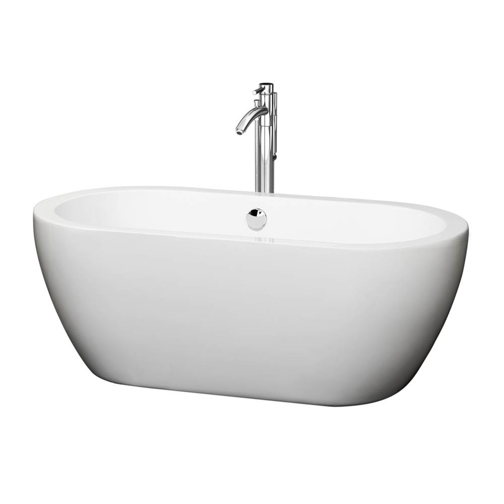 Wyndham Collection Soho 60 Inch Freestanding Bathtub in White with Floor Mounted Faucet, Drain and Overflow Trim in Polished Chrome