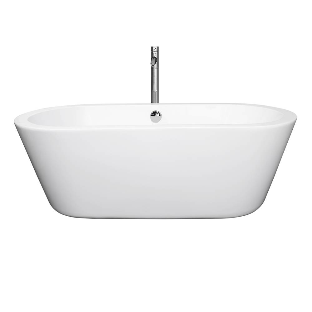 Wyndham Collection Mermaid 67 Inch Freestanding Bathtub in White with Floor Mounted Faucet, Drain and Overflow Trim in Polished Chrome
