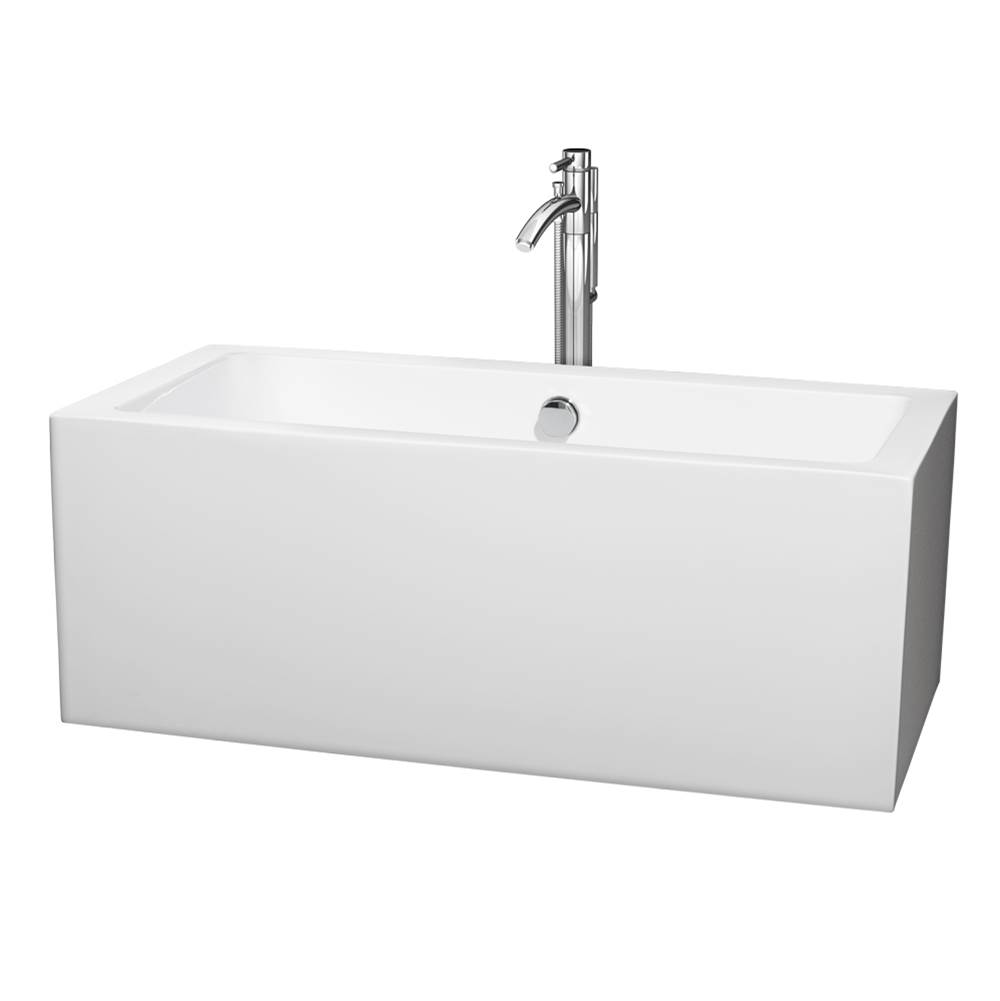 Wyndham Collection Melody 60 Inch Freestanding Bathtub in White with Floor Mounted Faucet, Drain and Overflow Trim in Polished Chrome