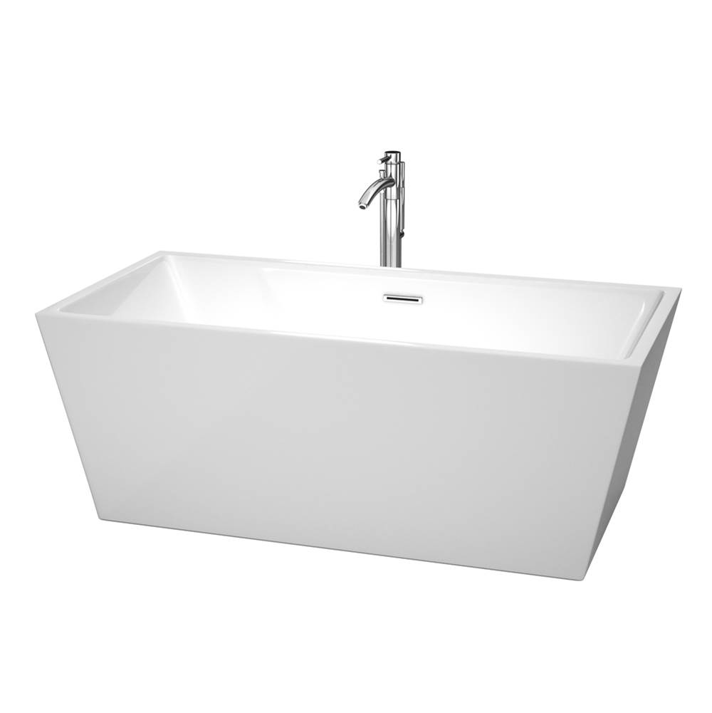 Wyndham Collection Sara 63 Inch Freestanding Bathtub in White with Floor Mounted Faucet, Drain and Overflow Trim in Polished Chrome