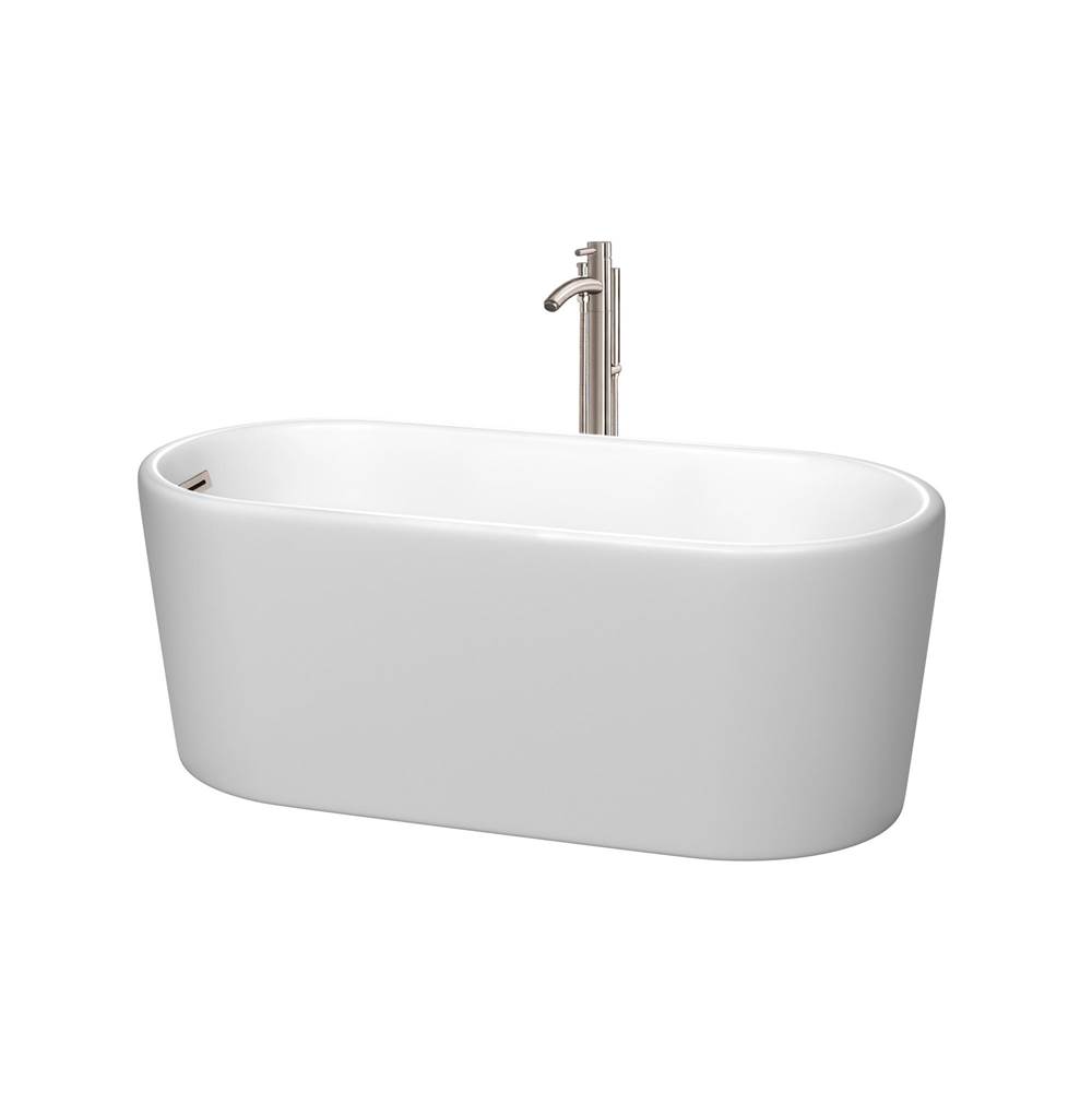 Wyndham Collection Ursula 59 Inch Freestanding Bathtub in Matte White with Floor Mounted Faucet, Drain and Overflow Trim in Brushed Nickel