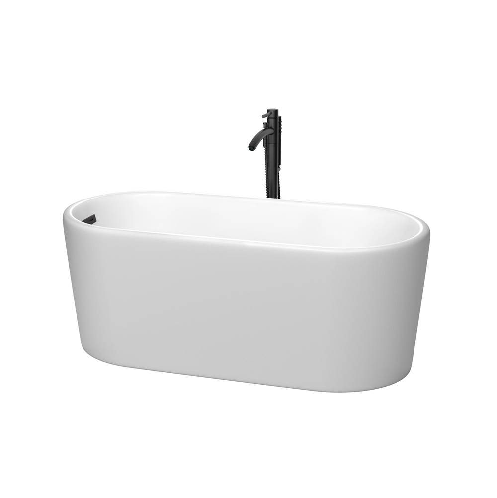 Wyndham Collection Ursula 59 Inch Freestanding Bathtub in Matte White with Floor Mounted Faucet, Drain and Overflow Trim in Matte Black