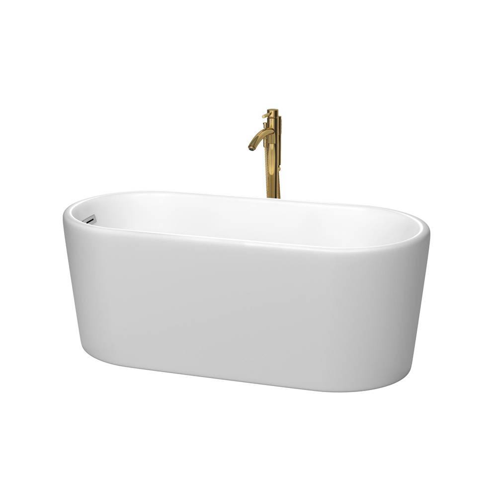 Wyndham Collection Ursula 59 Inch Freestanding Bathtub in Matte White with Polished Chrome Trim and Floor Mounted Faucet in Brushed Gold