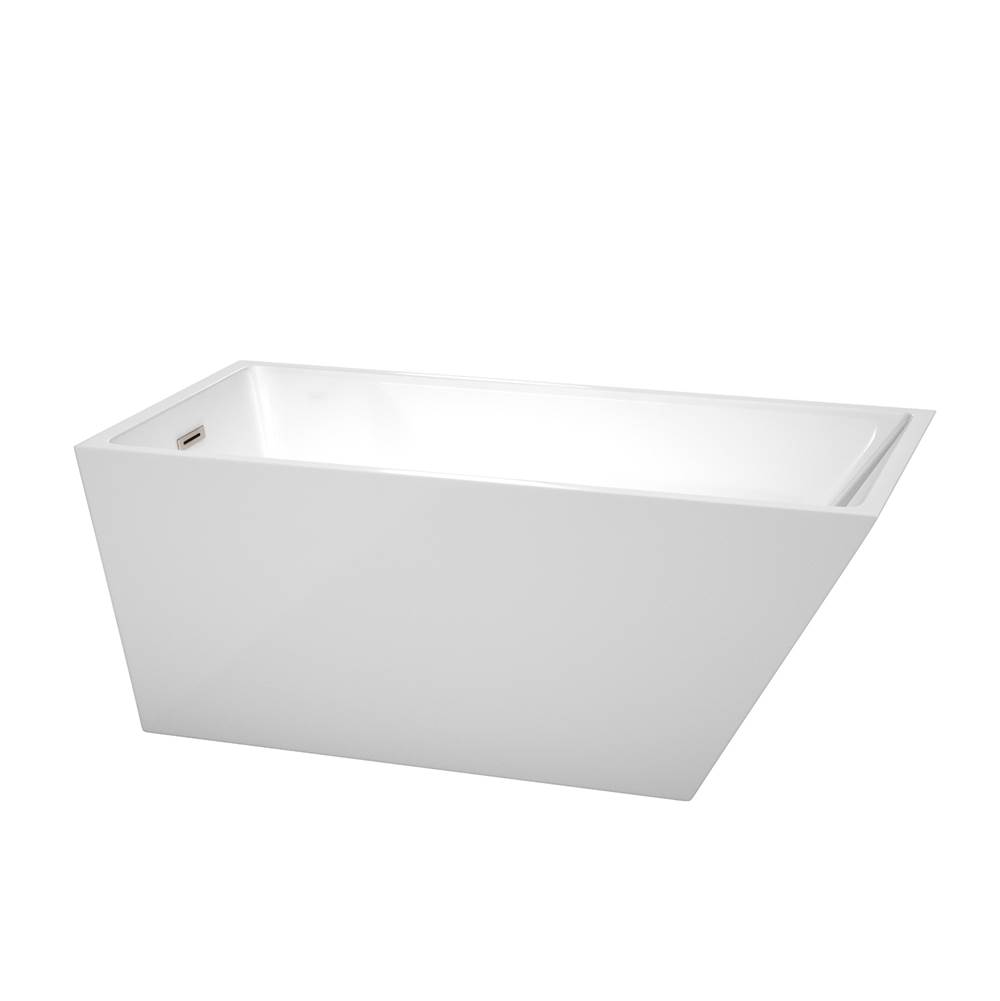 Wyndham Collection Hannah 59 Inch Freestanding Bathtub in White with Brushed Nickel Drain and Overflow Trim