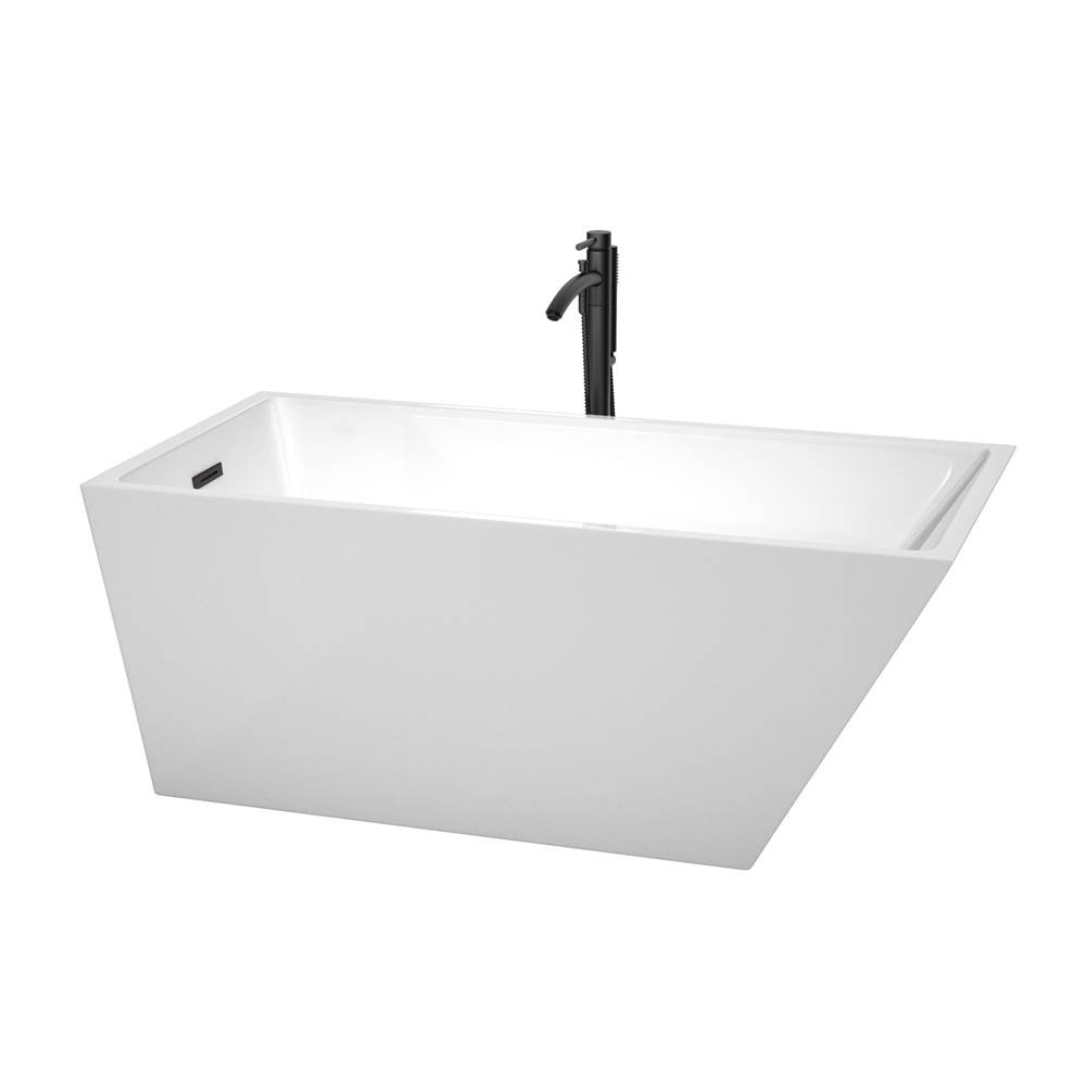 Wyndham Collection Hannah 59 Inch Freestanding Bathtub in White with Floor Mounted Faucet, Drain and Overflow Trim in Matte Black