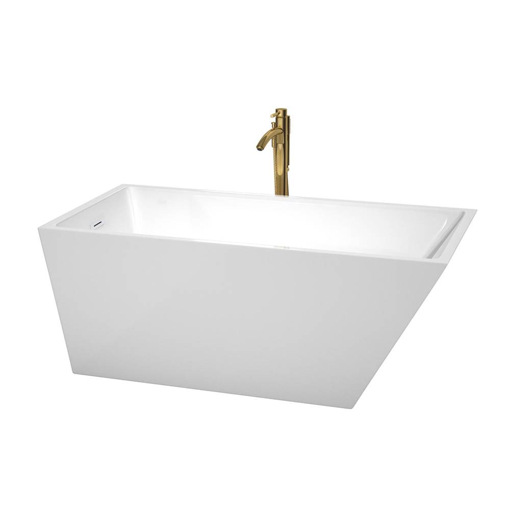Wyndham Collection Hannah 59 Inch Freestanding Bathtub in White with Shiny White Trim and Floor Mounted Faucet in Brushed Gold