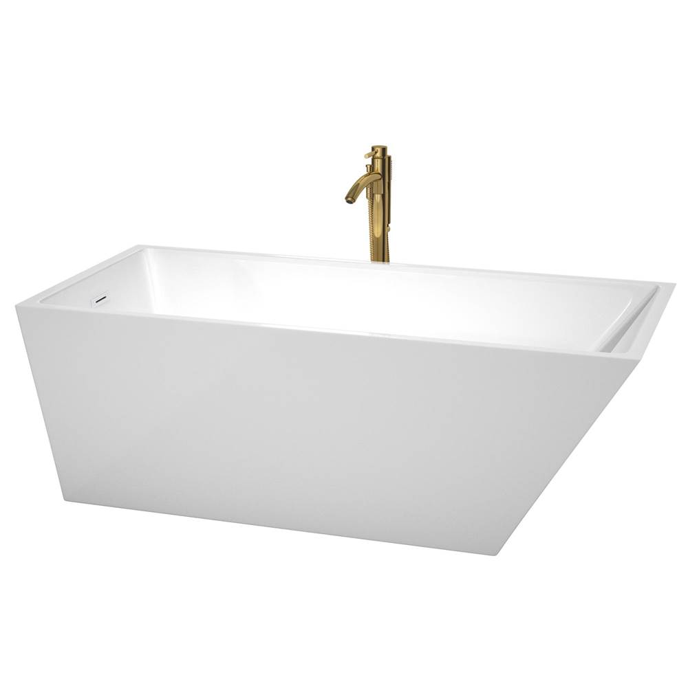 Wyndham Collection Hannah 67 Inch Freestanding Bathtub in White with Shiny White Trim and Floor Mounted Faucet in Brushed Gold