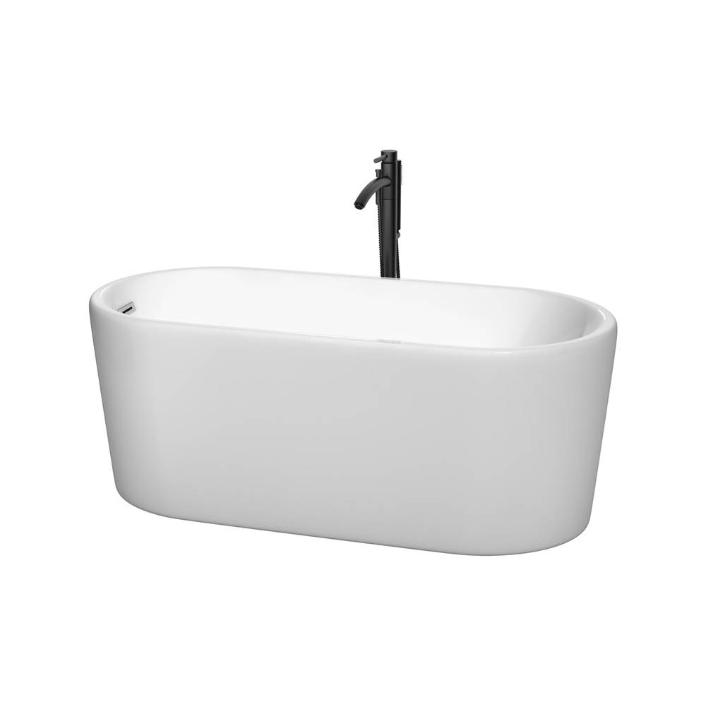 Wyndham Collection Ursula 59 Inch Freestanding Bathtub in White with Polished Chrome Trim and Floor Mounted Faucet in Matte Black