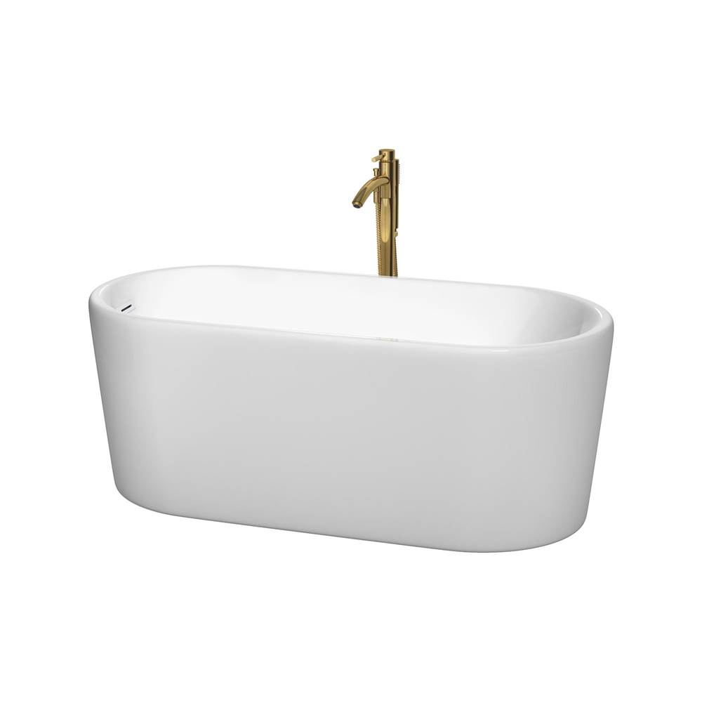 Wyndham Collection Ursula 59 Inch Freestanding Bathtub in White with Shiny White Trim and Floor Mounted Faucet in Brushed Gold