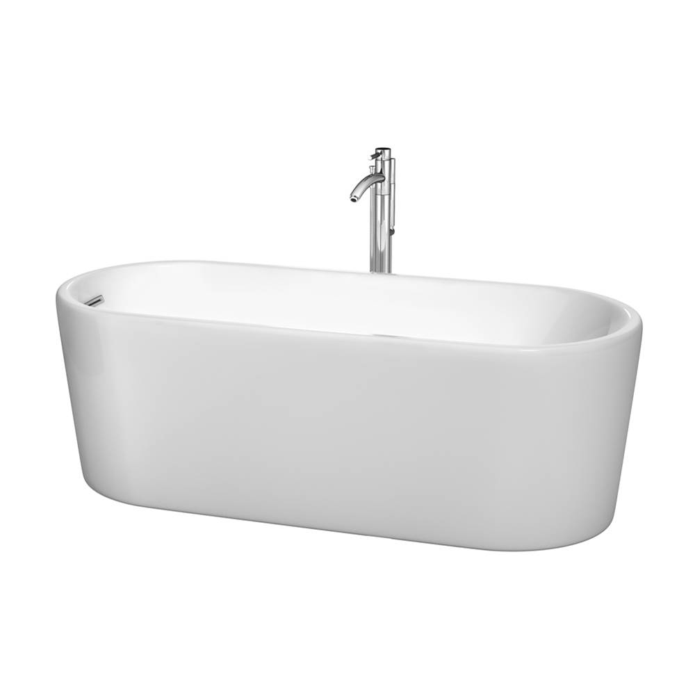 Wyndham Collection Ursula 67 Inch Freestanding Bathtub in White with Floor Mounted Faucet, Drain and Overflow Trim in Polished Chrome