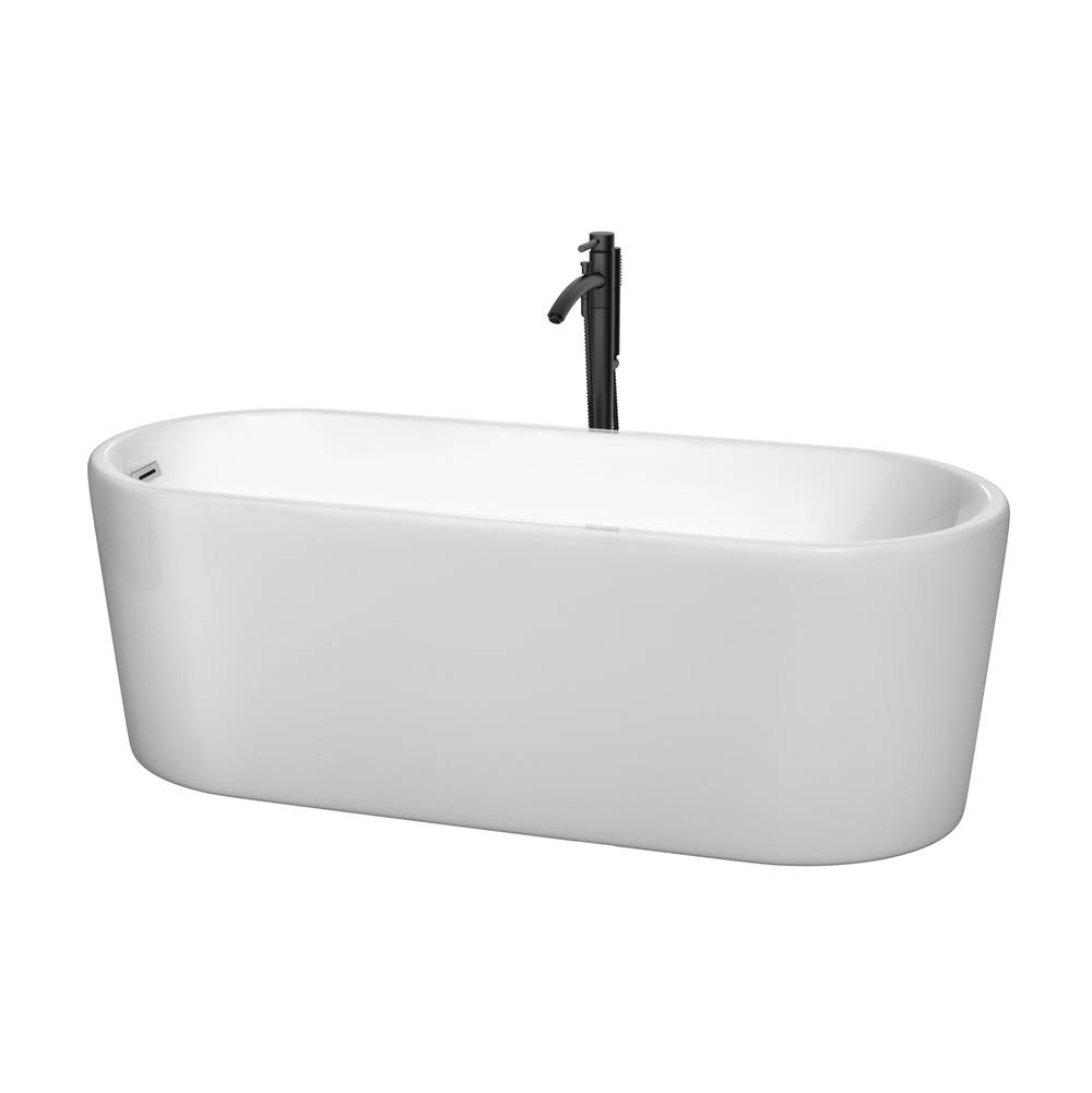 Wyndham Collection Ursula 67 Inch Freestanding Bathtub in White with Polished Chrome Trim and Floor Mounted Faucet in Matte Black