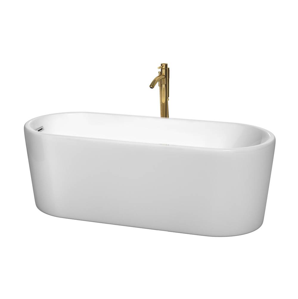 Wyndham Collection Ursula 67 Inch Freestanding Bathtub in White with Polished Chrome Trim and Floor Mounted Faucet in Brushed Gold