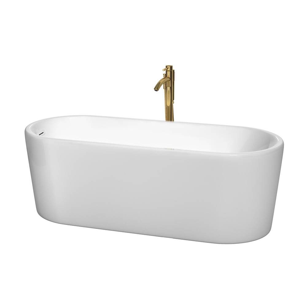 Wyndham Collection Ursula 67 Inch Freestanding Bathtub in White with Shiny White Trim and Floor Mounted Faucet in Brushed Gold