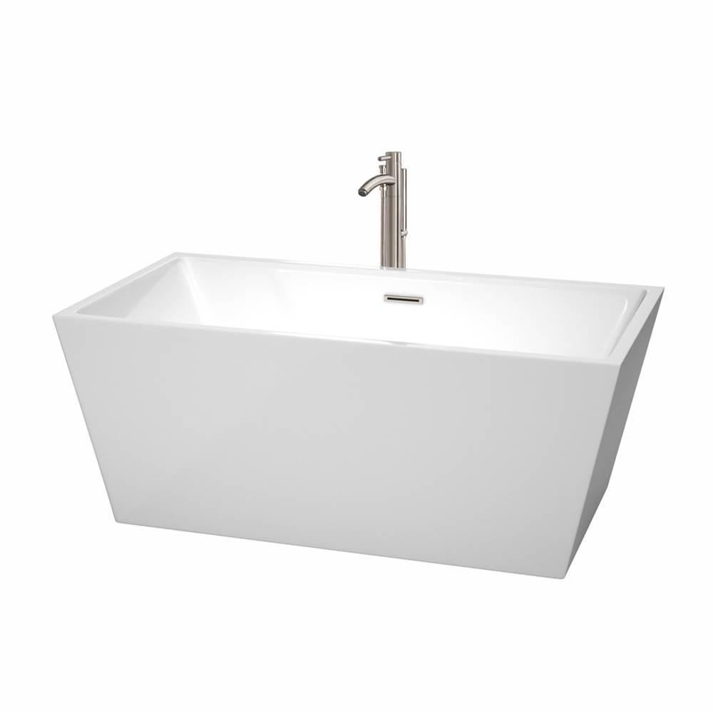 Wyndham Collection Sara 59 Inch Freestanding Bathtub in White with Floor Mounted Faucet, Drain and Overflow Trim in Brushed Nickel