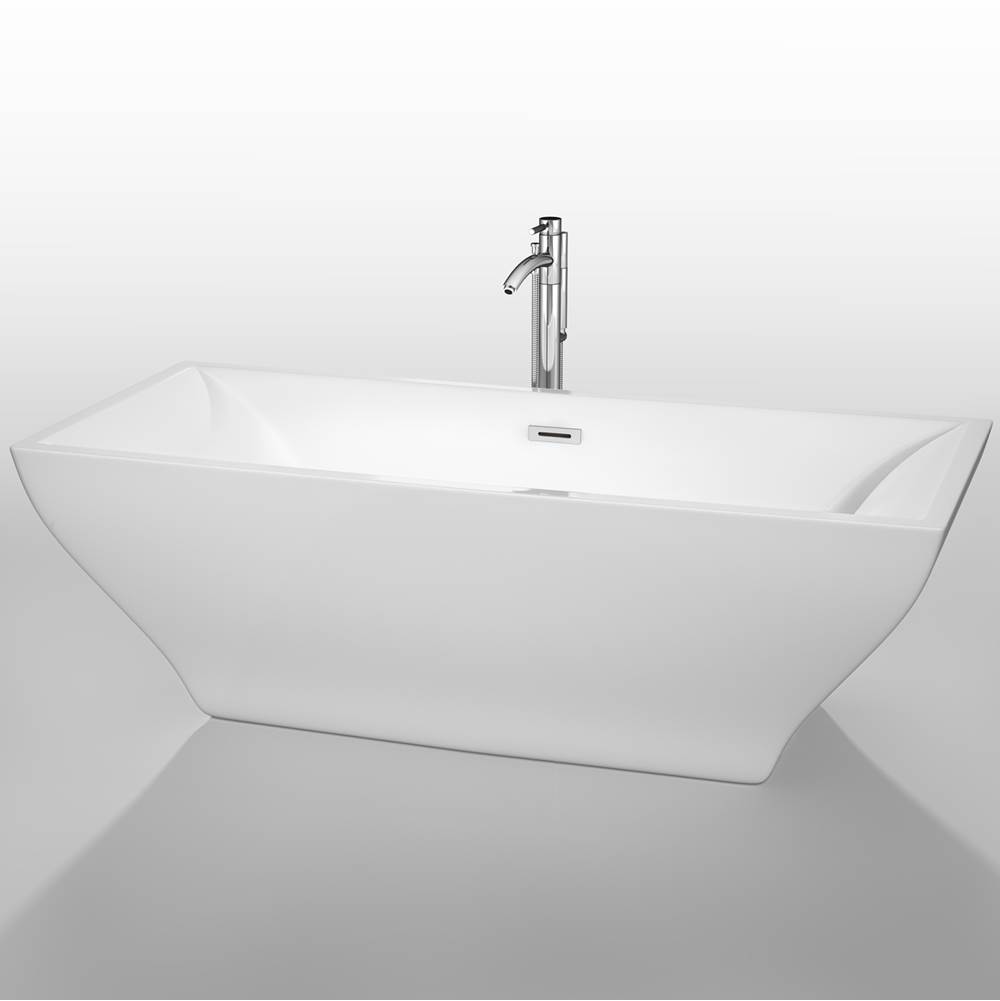 Wyndham Collection Maryam 71 Inch Freestanding Bathtub in White with Floor Mounted Faucet, Drain and Overflow Trim in Polished Chrome