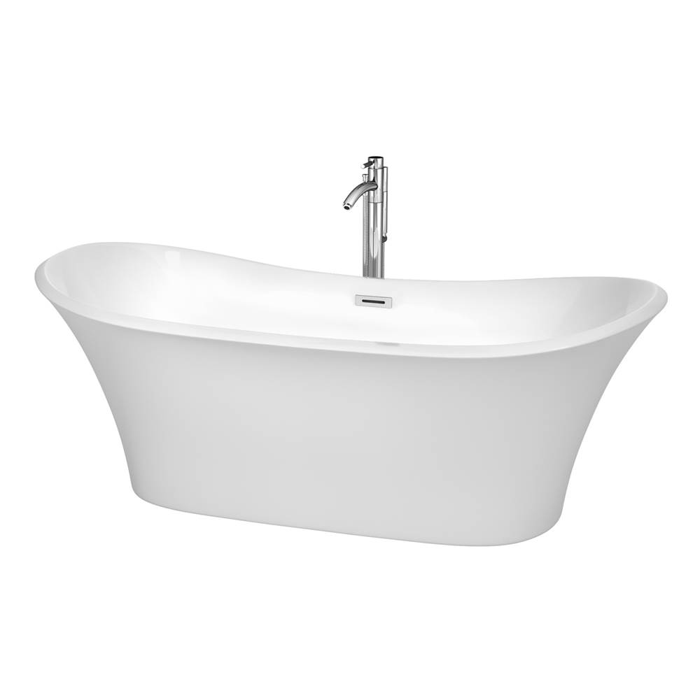Wyndham Collection Bolera 71 Inch Freestanding Bathtub in White with Floor Mounted Faucet, Drain and Overflow Trim in Polished Chrome