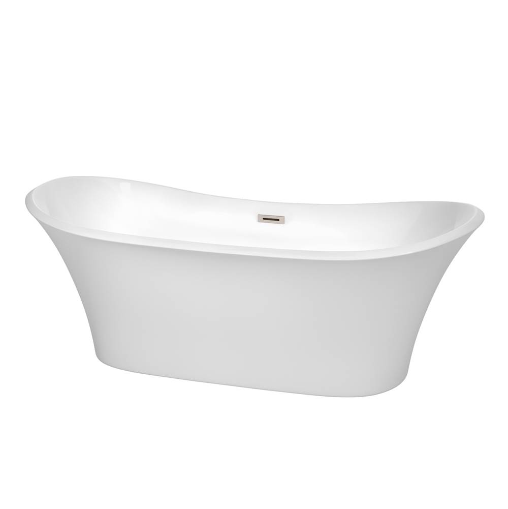 Wyndham Collection Bolera 71 Inch Freestanding Bathtub in White with Brushed Nickel Drain and Overflow Trim