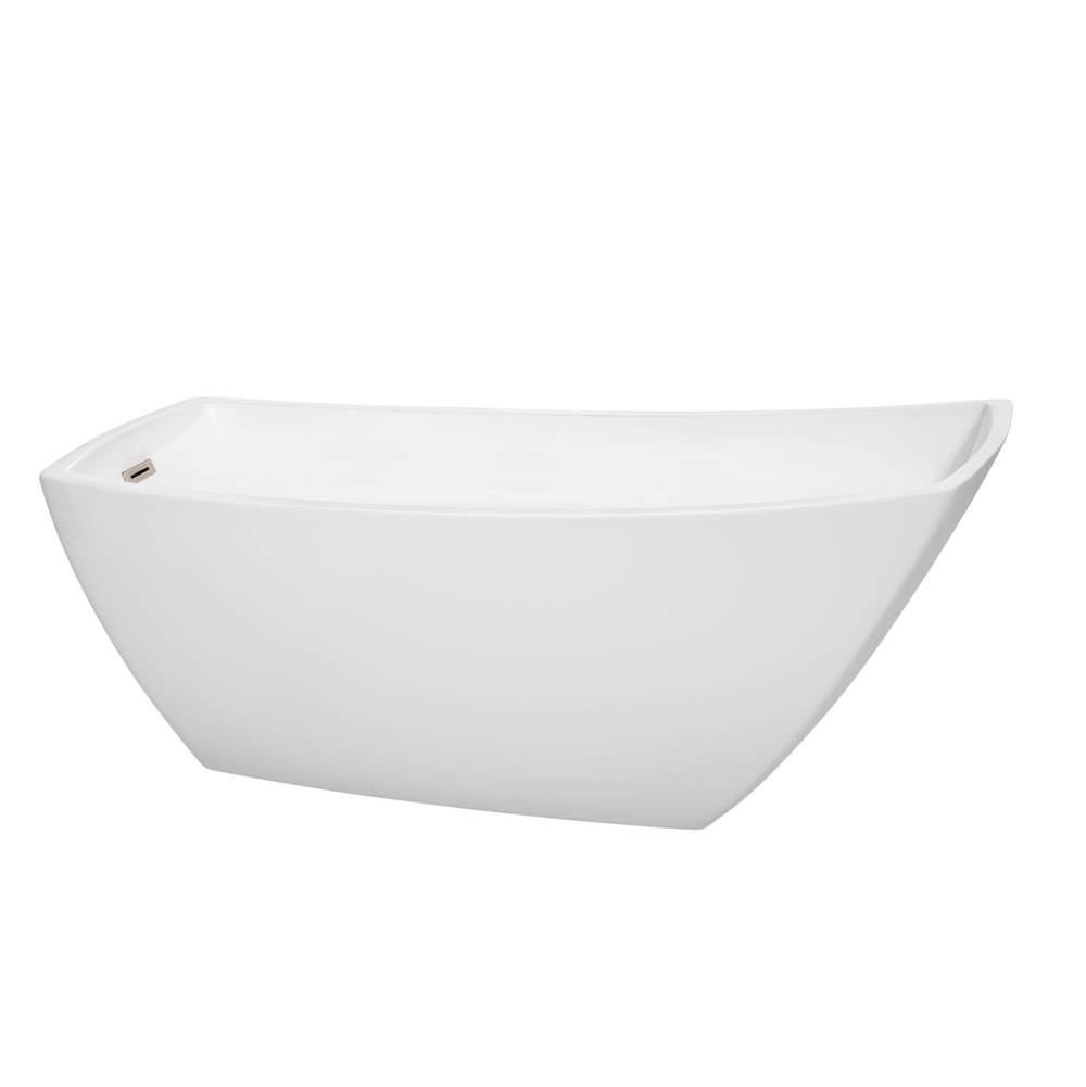 Wyndham Collection Antigua 67 Inch Freestanding Bathtub in White with Brushed Nickel Drain and Overflow Trim