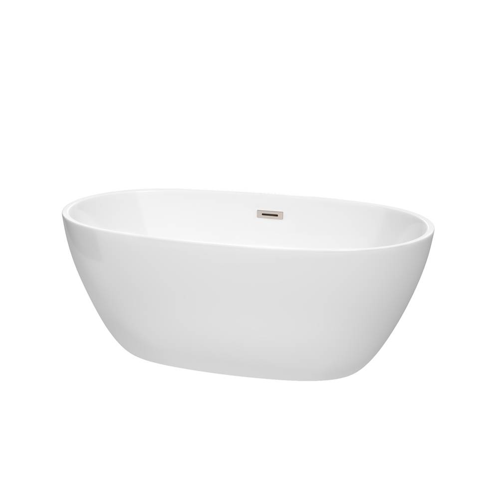 Wyndham Collection Juno 59 Inch Freestanding Bathtub in White with Brushed Nickel Drain and Overflow Trim