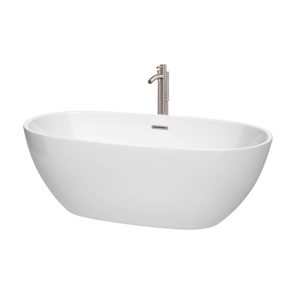 Wyndham Collection Juno 67 Inch Freestanding Bathtub in White with Floor Mounted Faucet, Drain and Overflow Trim in Brushed Nickel