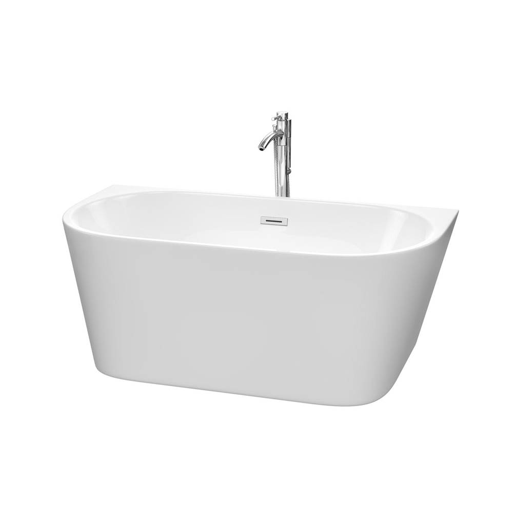 Wyndham Collection Callie 59 Inch Freestanding Bathtub in White with Floor Mounted Faucet, Drain and Overflow Trim in Polished Chrome