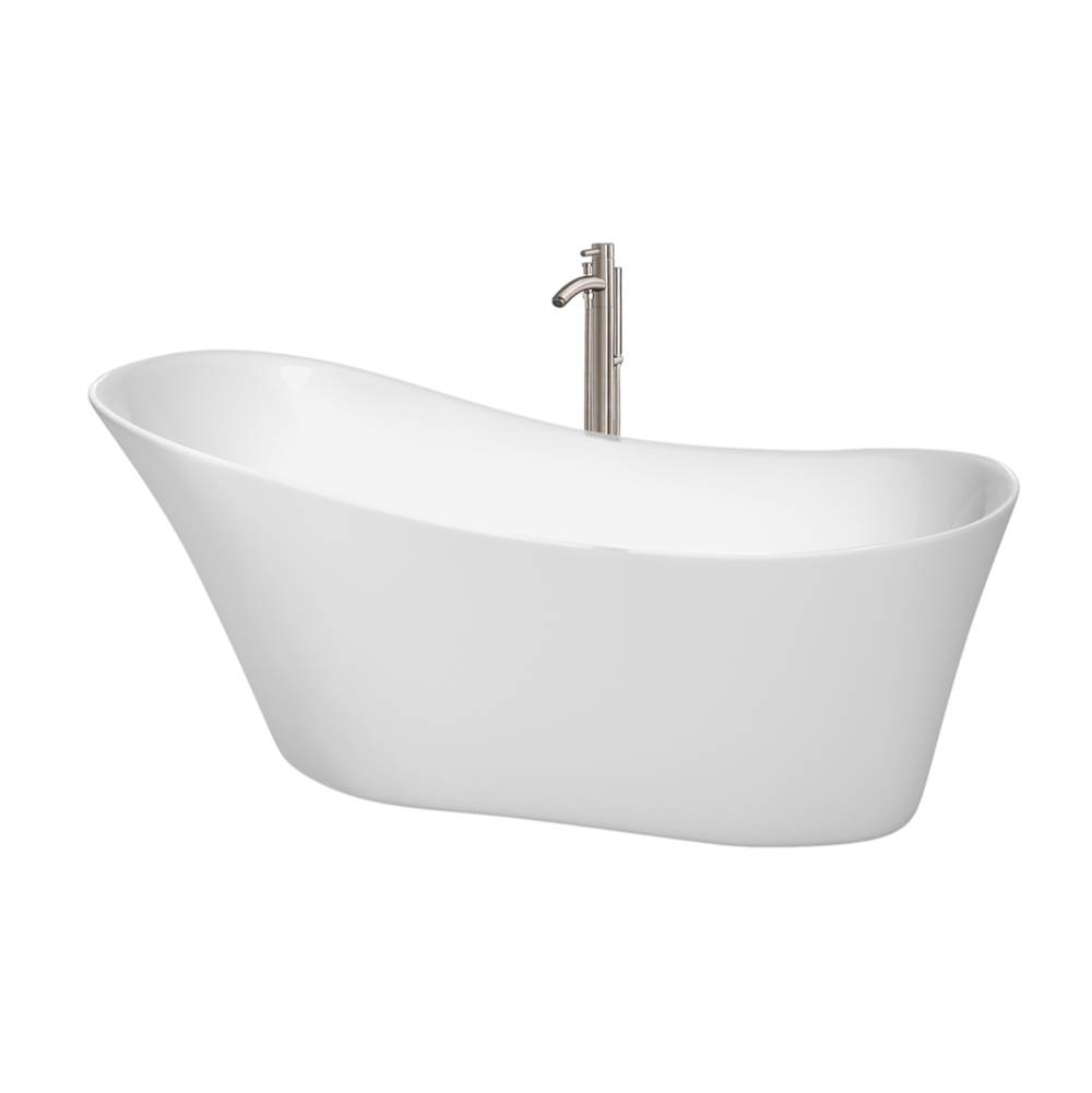 Wyndham Collection Janice 67 Inch Freestanding Bathtub in White with Floor Mounted Faucet, Drain and Overflow Trim in Brushed Nickel