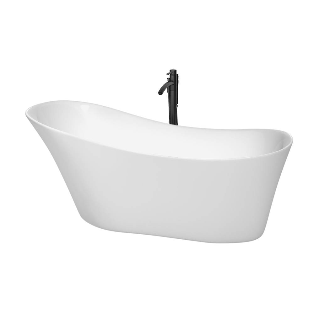 Wyndham Collection Janice 67 Inch Freestanding Bathtub in White with Polished Chrome Trim and Floor Mounted Faucet in Matte Black
