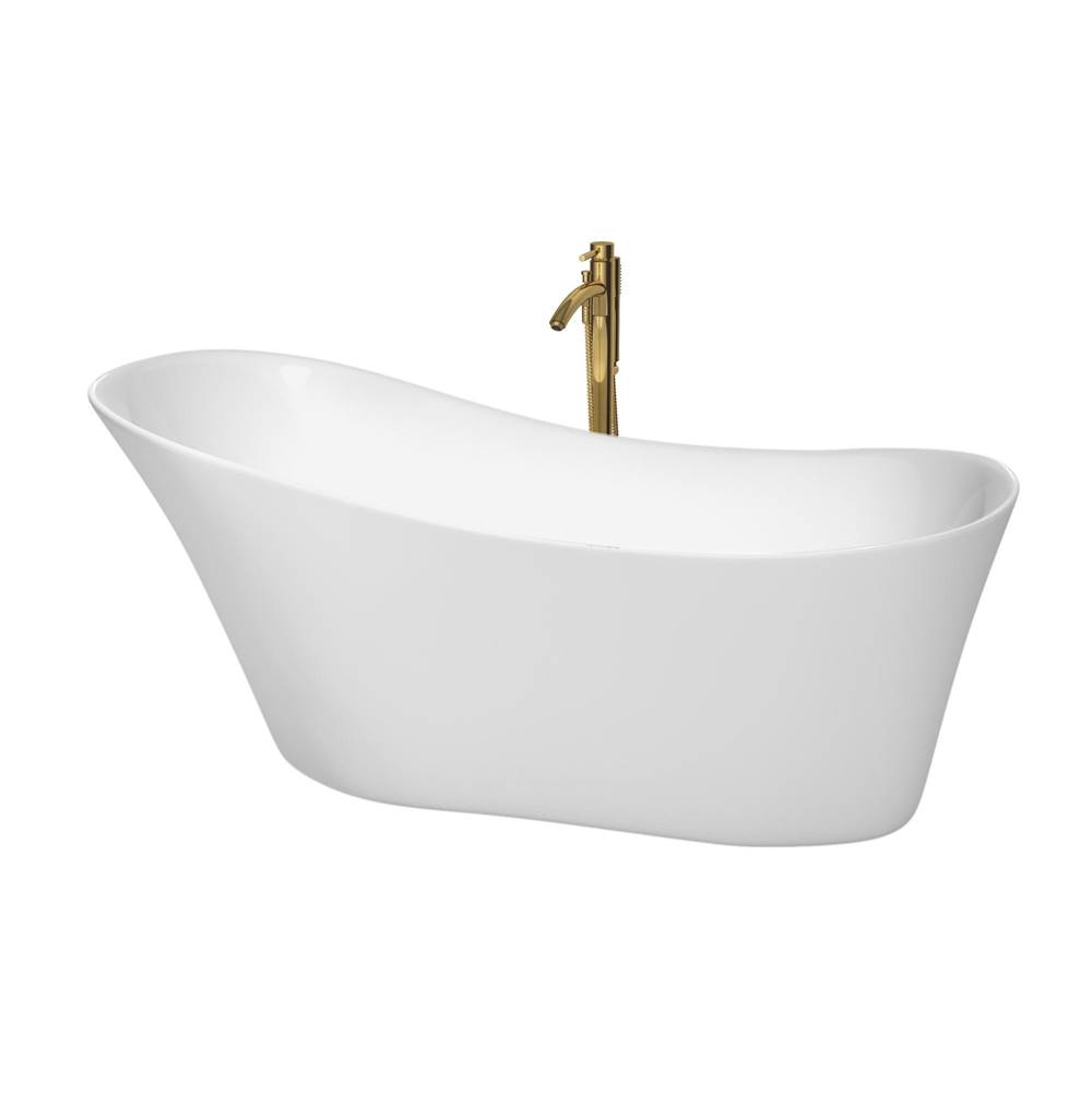 Wyndham Collection Janice 67 Inch Freestanding Bathtub in White with Polished Chrome Trim and Floor Mounted Faucet in Brushed Gold