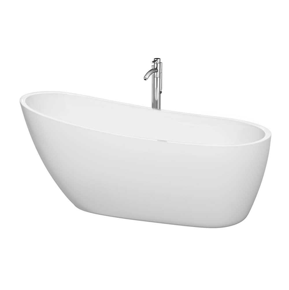 Wyndham Collection Florence 68 Inch Freestanding Bathtub in White with Floor Mounted Faucet, Drain and Overflow Trim in Polished Chrome