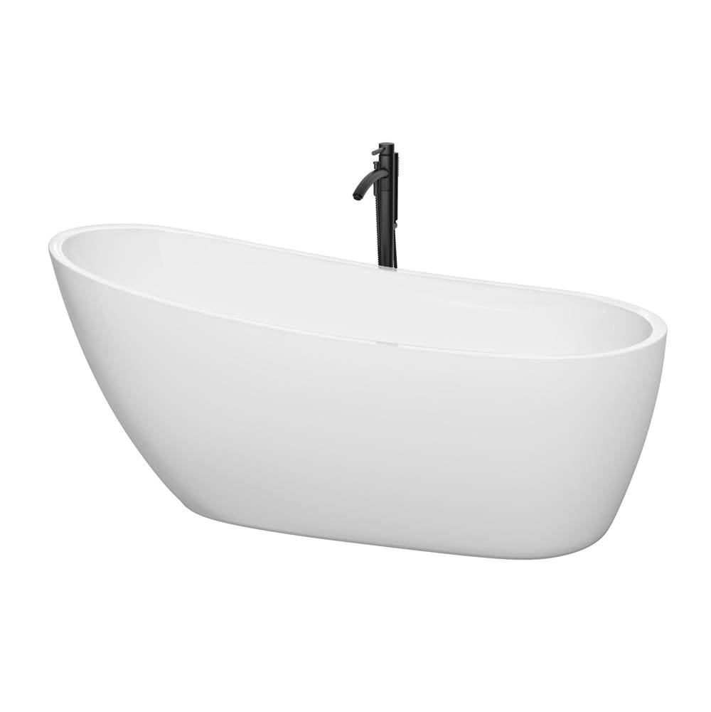 Wyndham Collection Florence 68 Inch Freestanding Bathtub in White with Floor Mounted Faucet, Drain and Overflow Trim in Matte Black