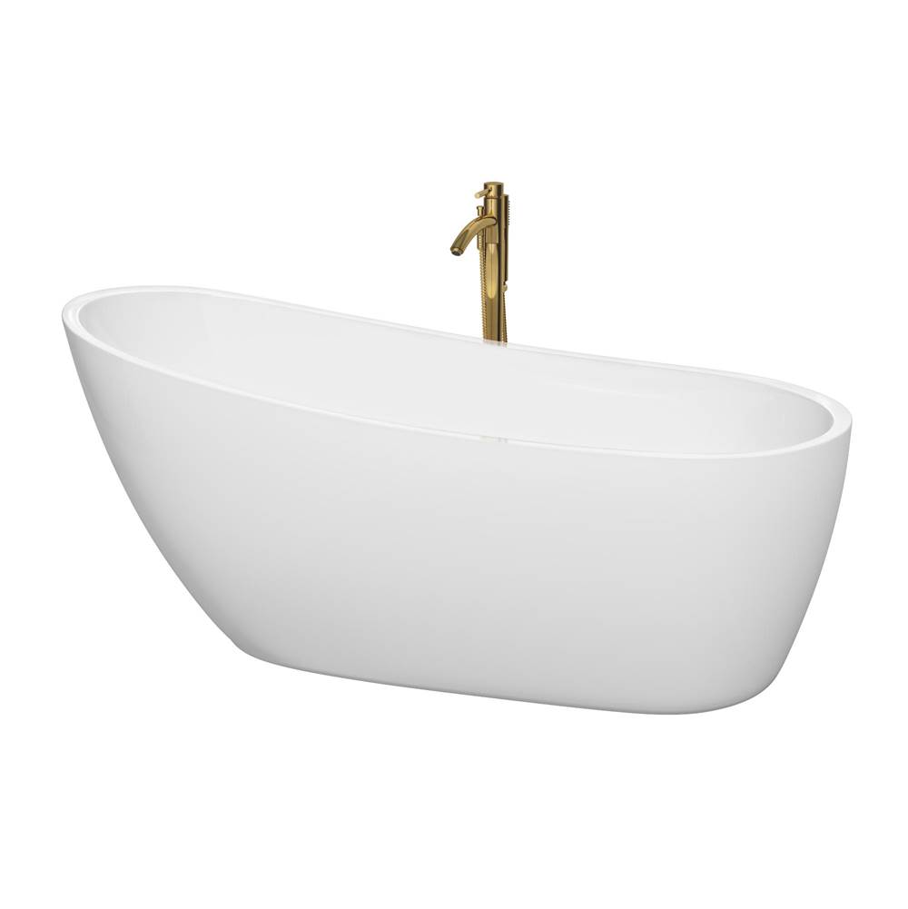 Wyndham Collection Florence 68 Inch Freestanding Bathtub in White with Polished Chrome Trim and Floor Mounted Faucet in Brushed Gold