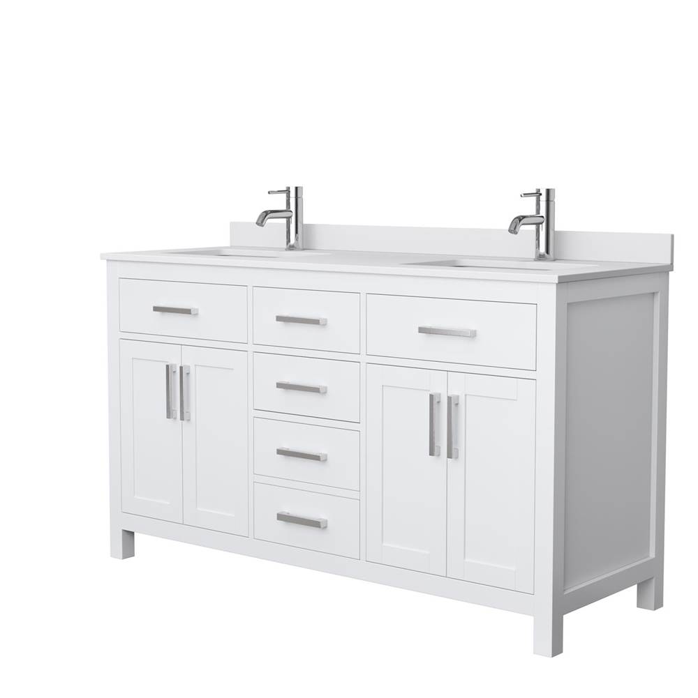 Wyndham Collection Beckett 60 Inch Double Bathroom Vanity in White, White Cultured Marble Countertop, Undermount Square Sinks, No Mirror