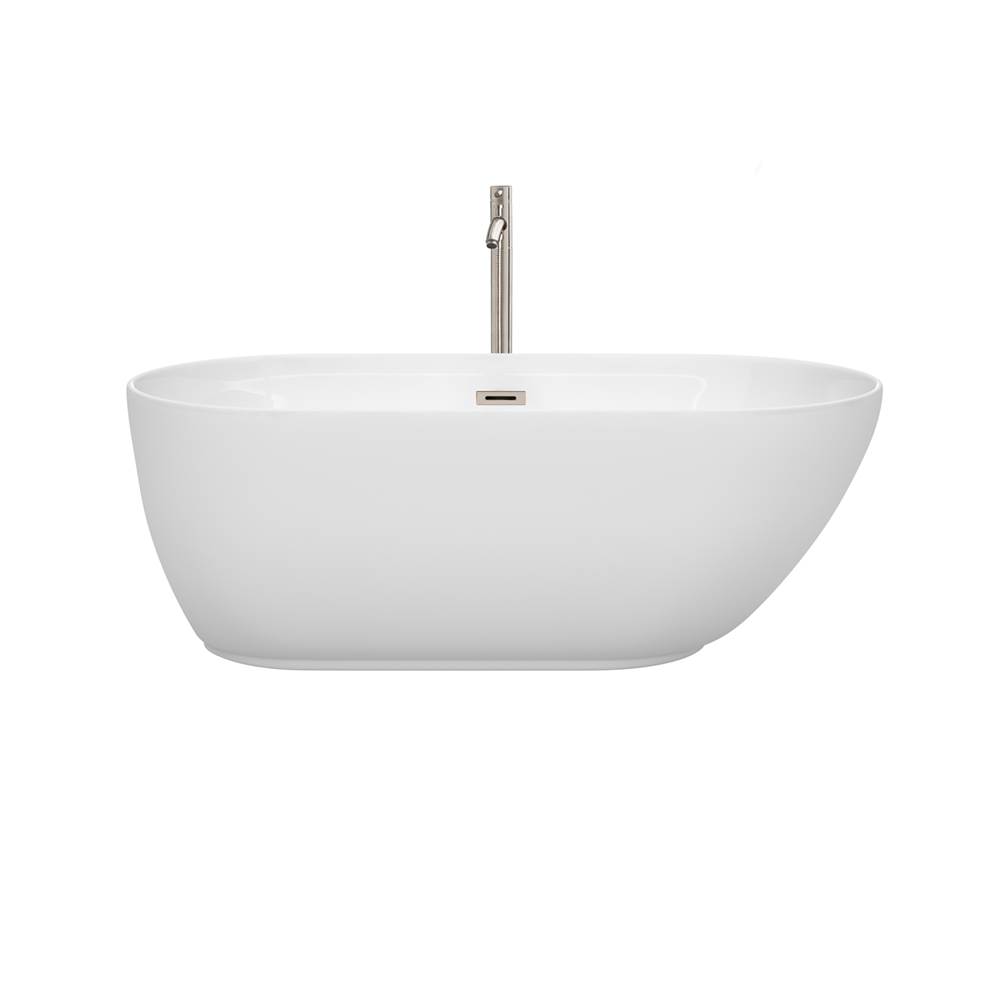 Wyndham Collection Melissa 60 Inch Freestanding Bathtub in White with Floor Mounted Faucet, Drain and Overflow Trim in Brushed Nickel