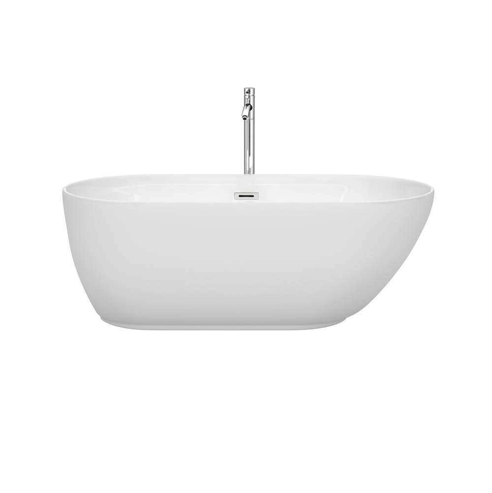 Wyndham Collection Melissa 60 Inch Freestanding Bathtub in White with Floor Mounted Faucet, Drain and Overflow Trim in Polished Chrome