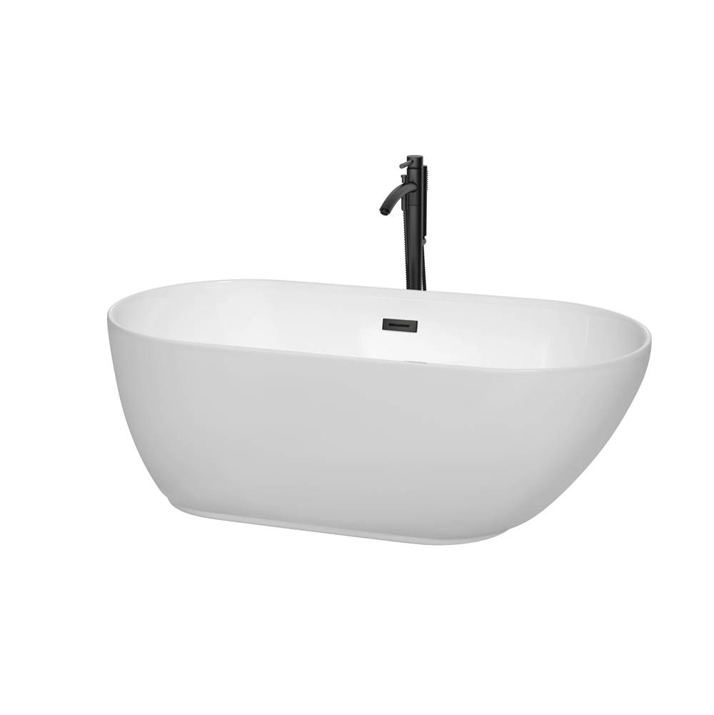 Wyndham Collection Melissa 60 Inch Freestanding Bathtub in White with Floor Mounted Faucet, Drain and Overflow Trim in Matte Black