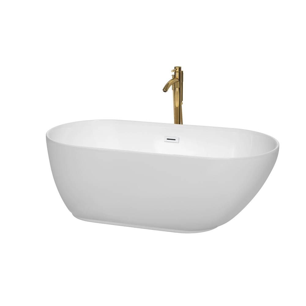 Wyndham Collection Melissa 60 Inch Freestanding Bathtub in White with Shiny White Trim and Floor Mounted Faucet in Brushed Gold