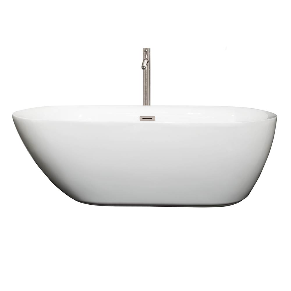 Wyndham Collection Melissa 65 Inch Freestanding Bathtub in White with Floor Mounted Faucet, Drain and Overflow Trim in Brushed Nickel